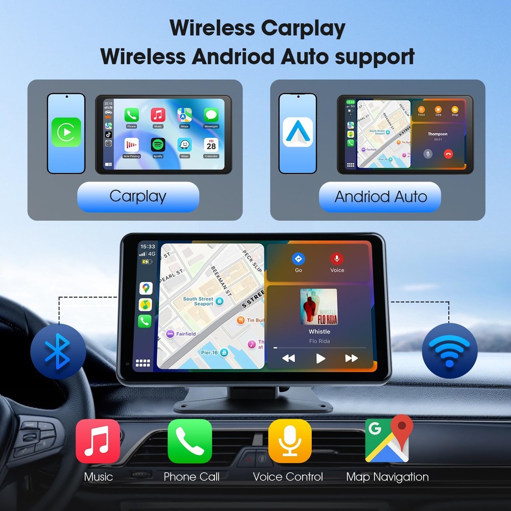 7" Portable Wireless CarPlay & Android Auto Car Stereo with Backup Camera, 7"...