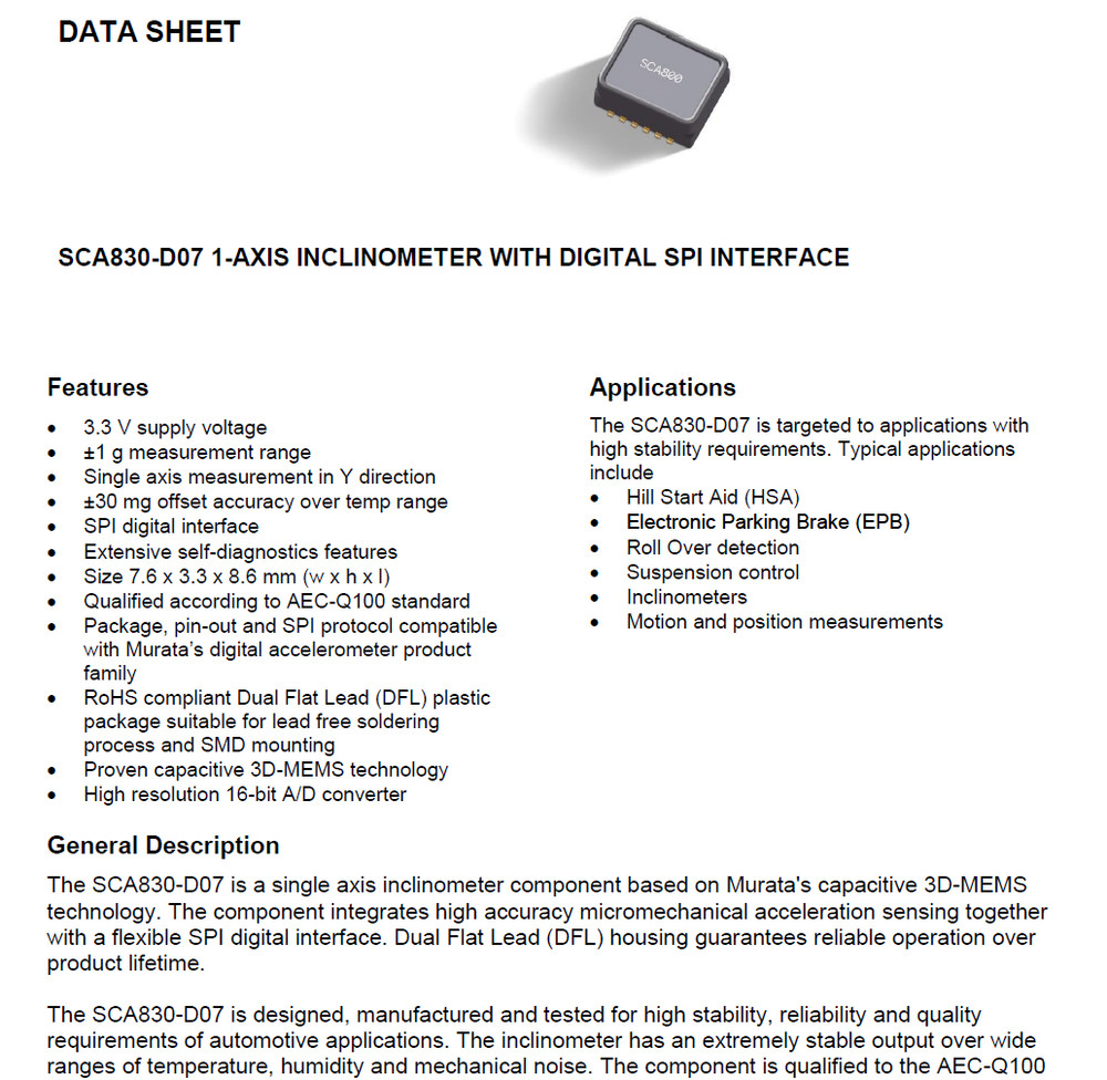 VTI SCA830-D07 1 axis inclinometer w/SPI interface AEC-Q100 (EOL component)