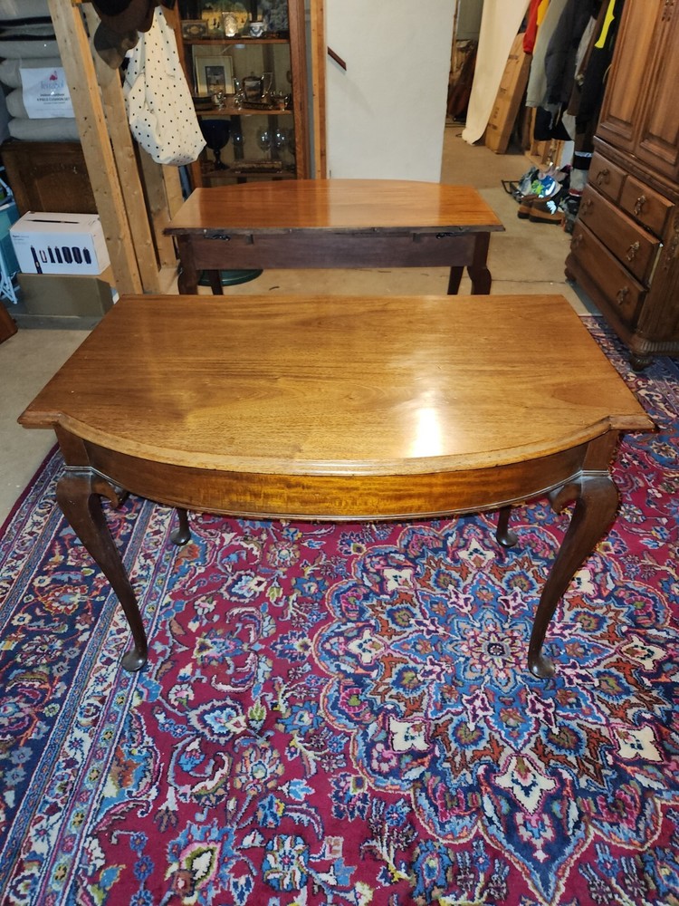 Matched PAIR (2) Solid Mahogany Queen Anne Style End Tables with Leaf for Dining