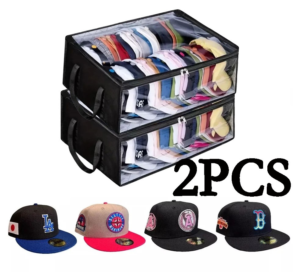 2PCS Hat Storage Dust Bag Baseball Hat Cap Organizer Clear Rack Zipper Black