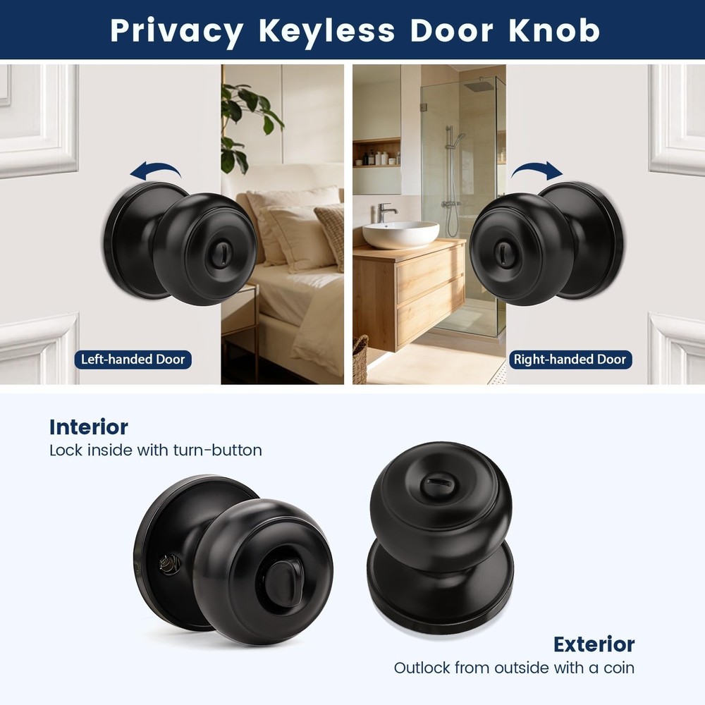Orger 10 Pack Matte Black Privacy Door Knobs Interior, Classic Round Shape Be...