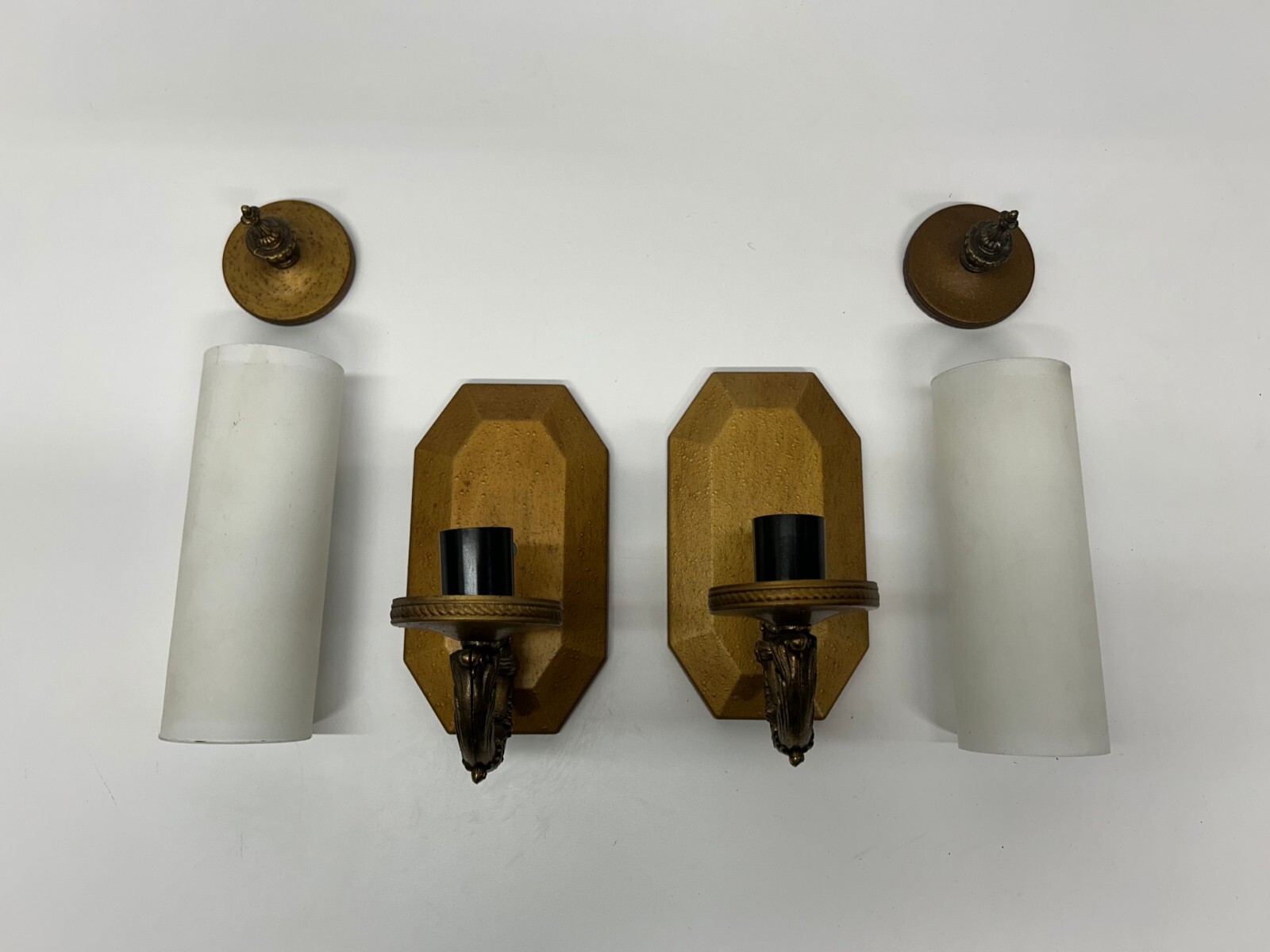 2 Vtg Lightcraft California Gold Tone Frosted Glass Wall Sconce Light Fixtures