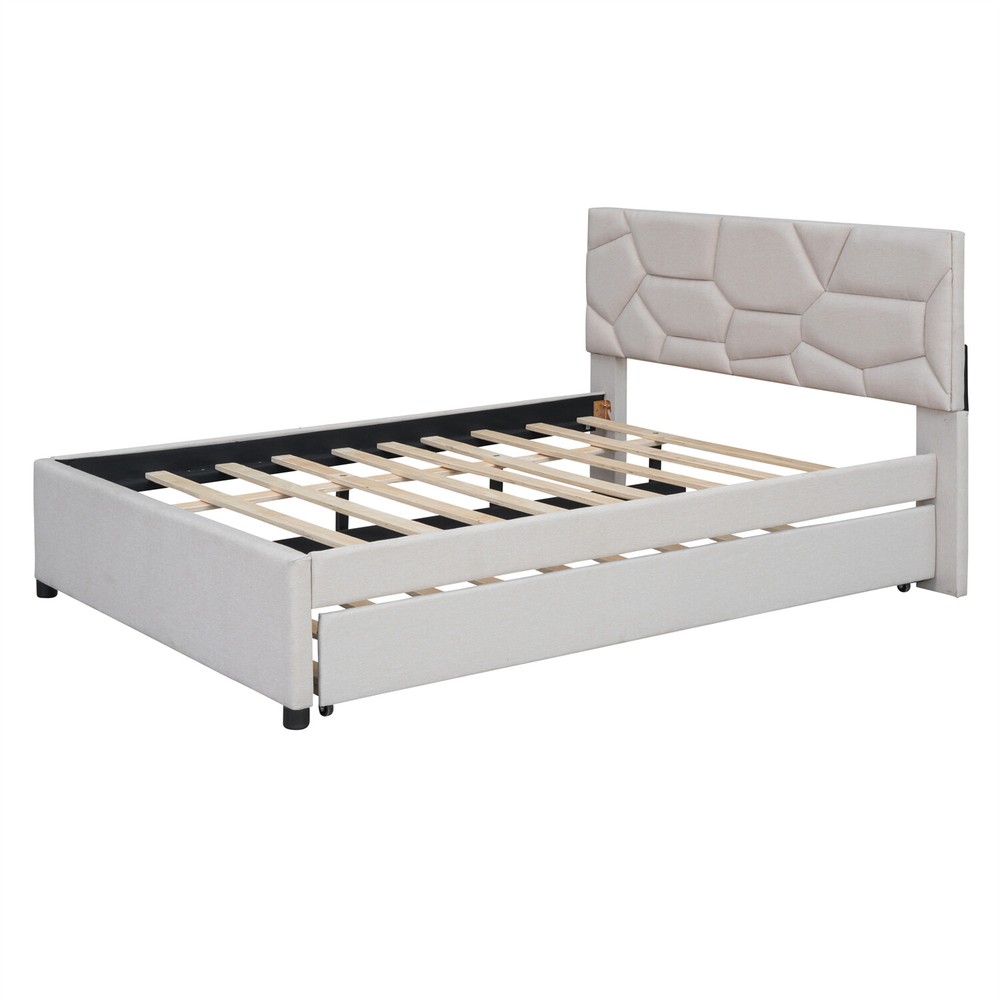 Full/Queen Size Bed Frame Upholstered Platform Bed with Headboard Beige/Gray