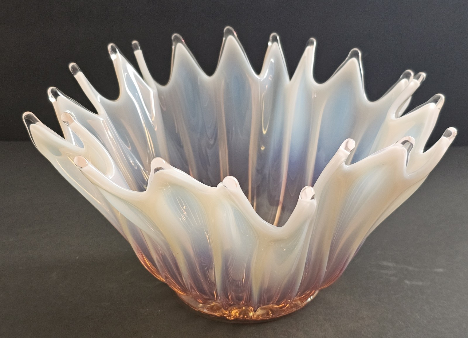 Beautiful Free Form Fostoria Heirloom Pink/Peach and White Opalescent Bowl