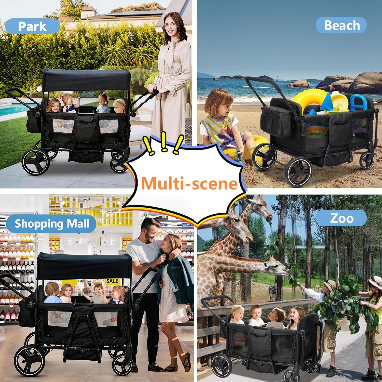 Wagon Stroller for 4 kids Lightweight folding baby stroller&with Mom's bag Black