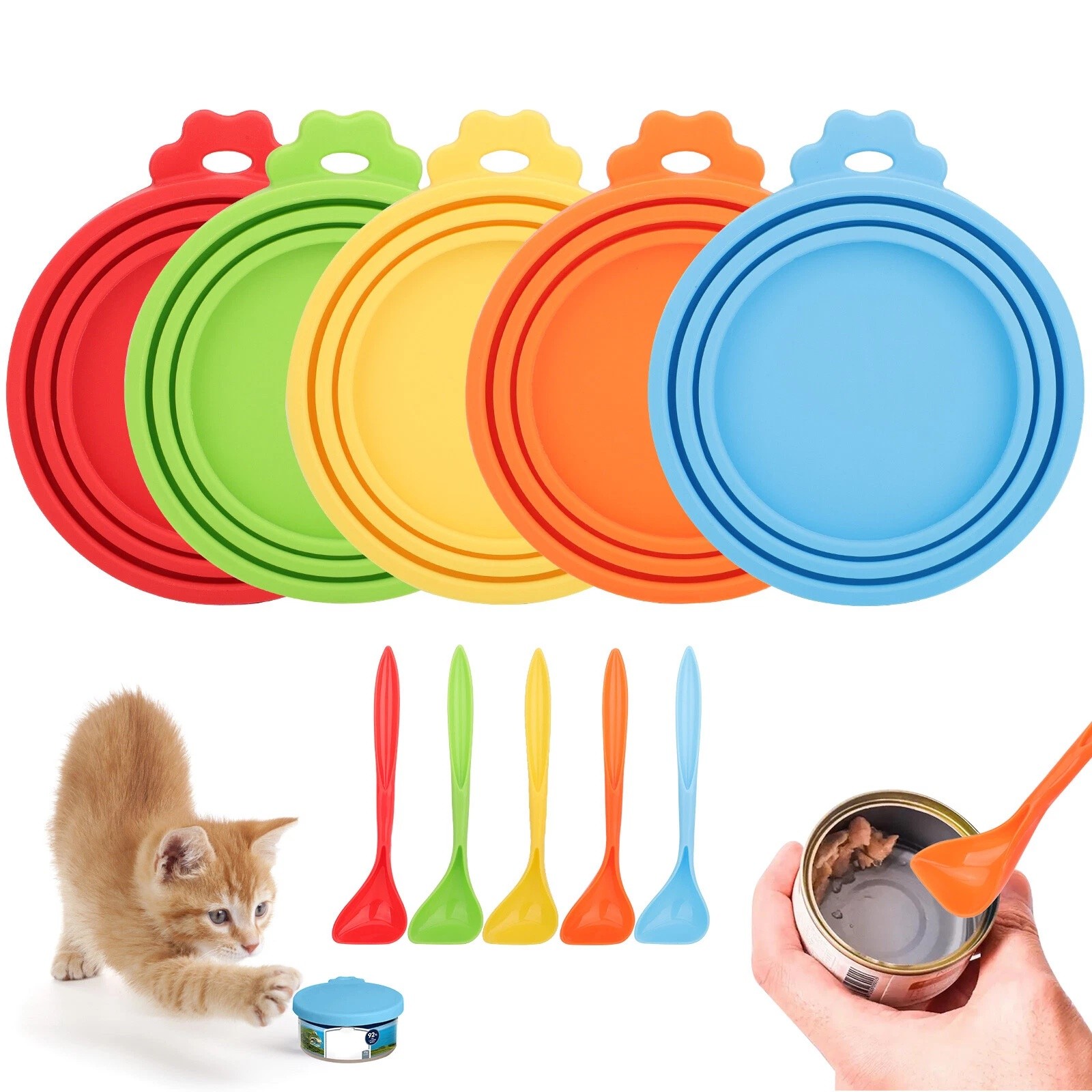 5x Pet Food Can Covers Universal Can Lids Safe Silicone Dog Cat Food With Spoons
