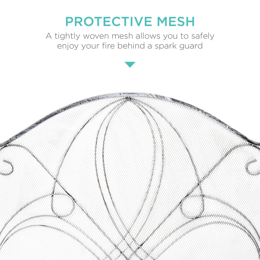 Silver Finish Fireplace Screen 3 Panel Mesh Folding Wrought Iron Arch Scrollwork