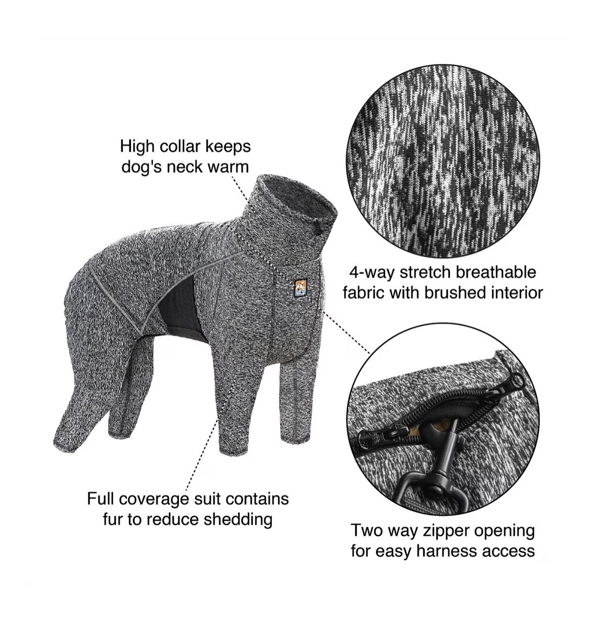 NEW Kurgo Stowe Base Layer Dog Bodysuit Size Small Heather Black Recovery Suit