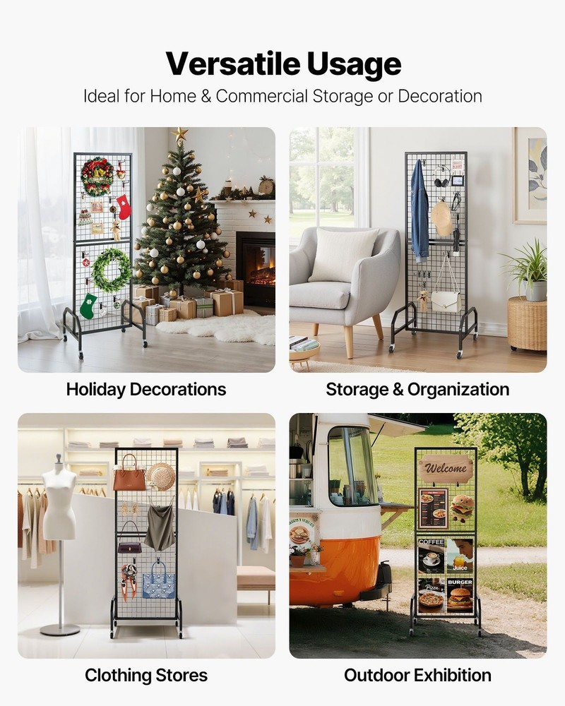 Mobile Grid Wall Display Rack: 1.9x5.4ft Steel Panel with 10 Hooks