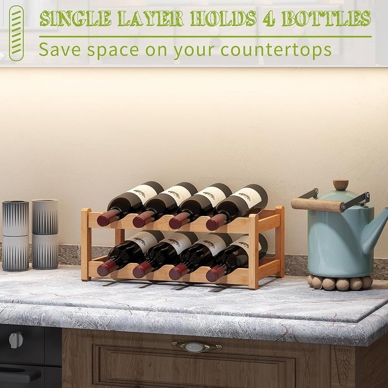 Bamboo Wine Rack Countertop Easy Assembly Space Saving Stylish Storage Display