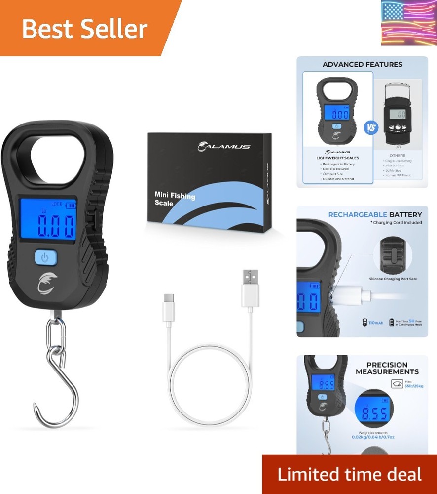 Lightweight Fish Scale, Rechargeable Digital Scale with USB Cable, 55lb Capac...
