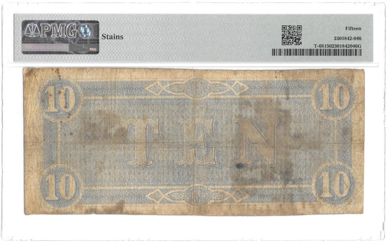 T-68 $10 Confederate 1864 PF-16 Rare Variety A-C Plate Letter Error PMG FINE 15