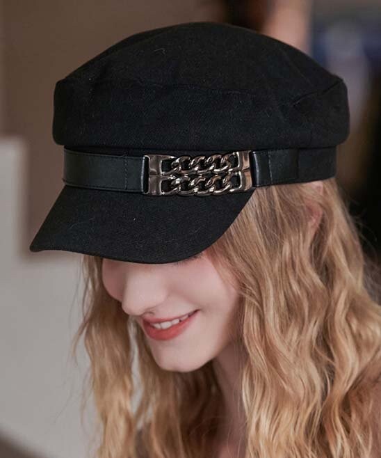 Black Women's Beret Hat w/ Chain Decorated Peaked Cap Newspaper Hat Vintage