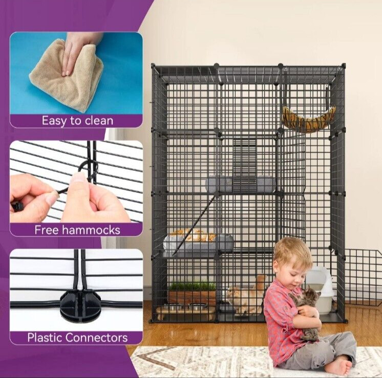 4-Tier Large Cat Cage Enclosure Metal Wire Kennel Playpen Catio with Hammock