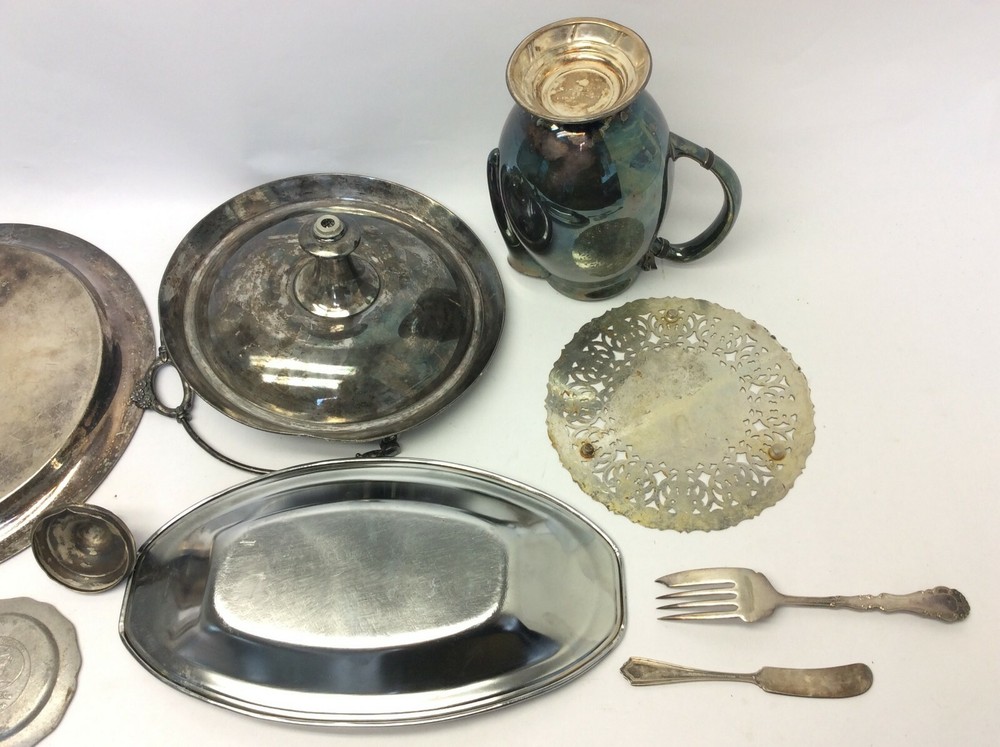 Mixed Vintage Lot Used Metal Silverplate Pewter Trays Pitcher Platters Parts