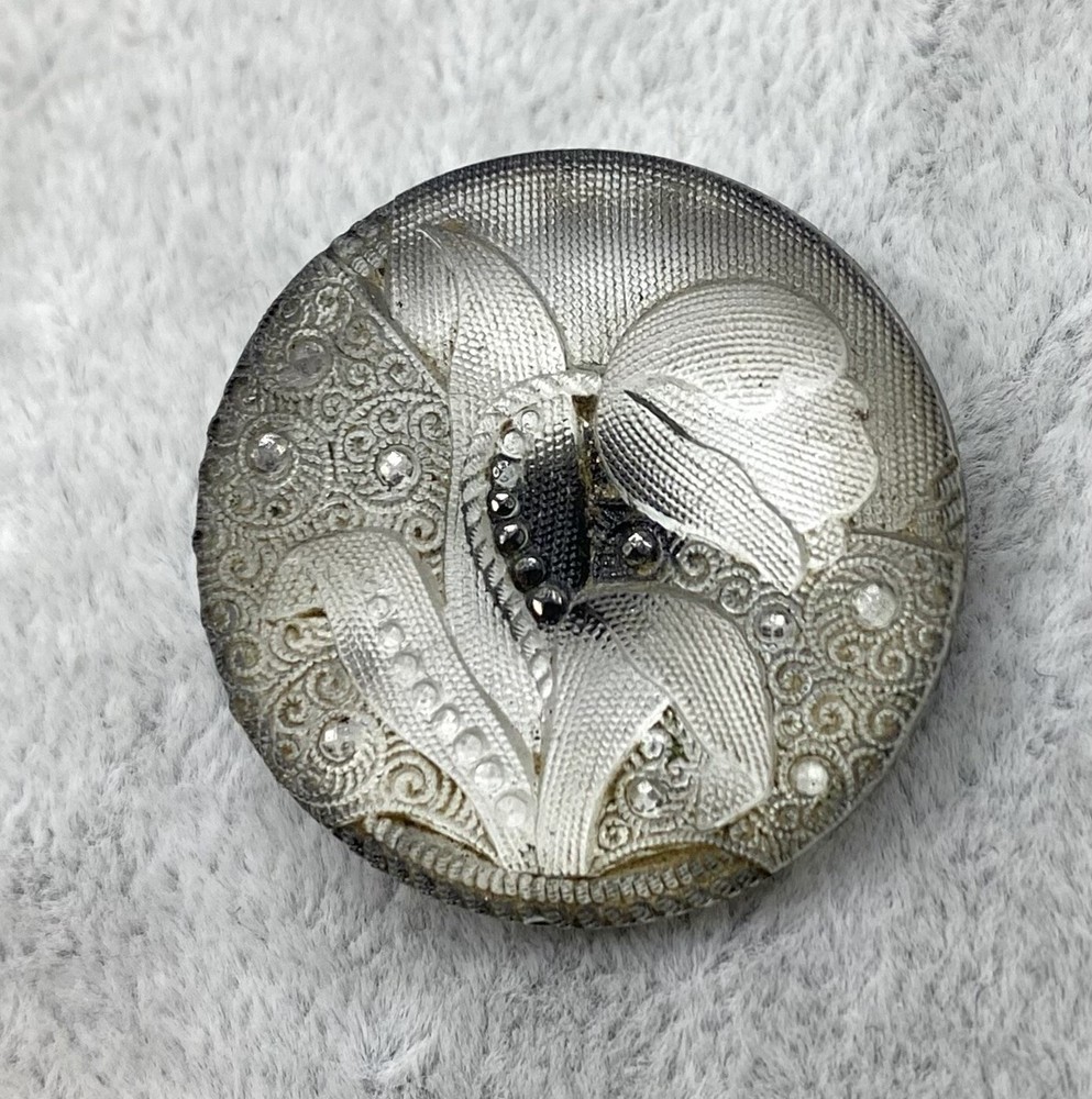 Antique Lacy Glass Button. Floral Design