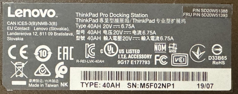 Lenovo 40AH ThinkPad Pro Docking Station - Black
