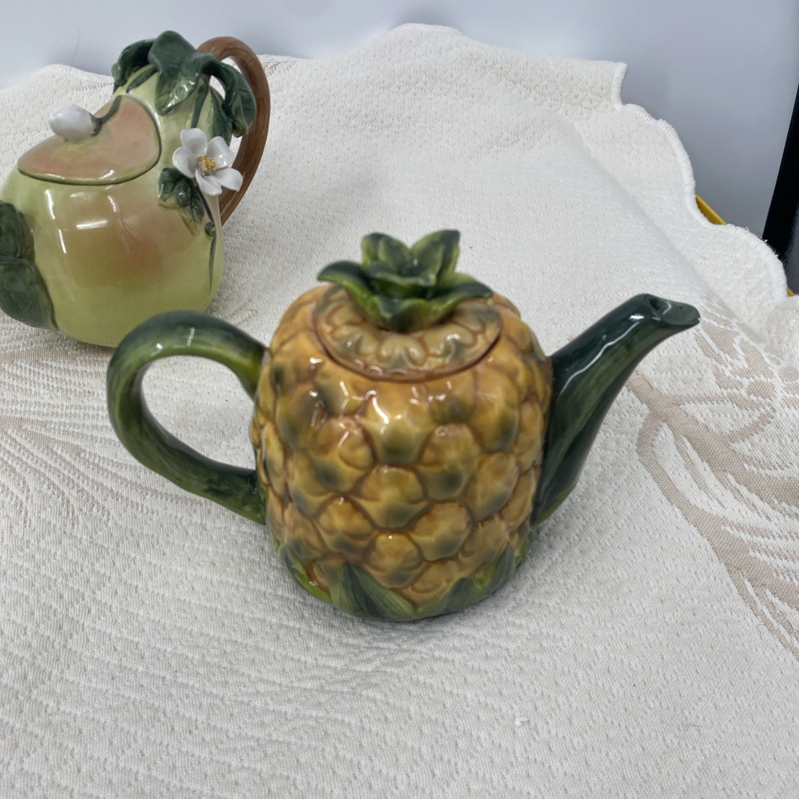 Vtg Lot 6 Ceramic Fruit Teapots: pair, Pineapple Peach Pomegranate & Watermelon