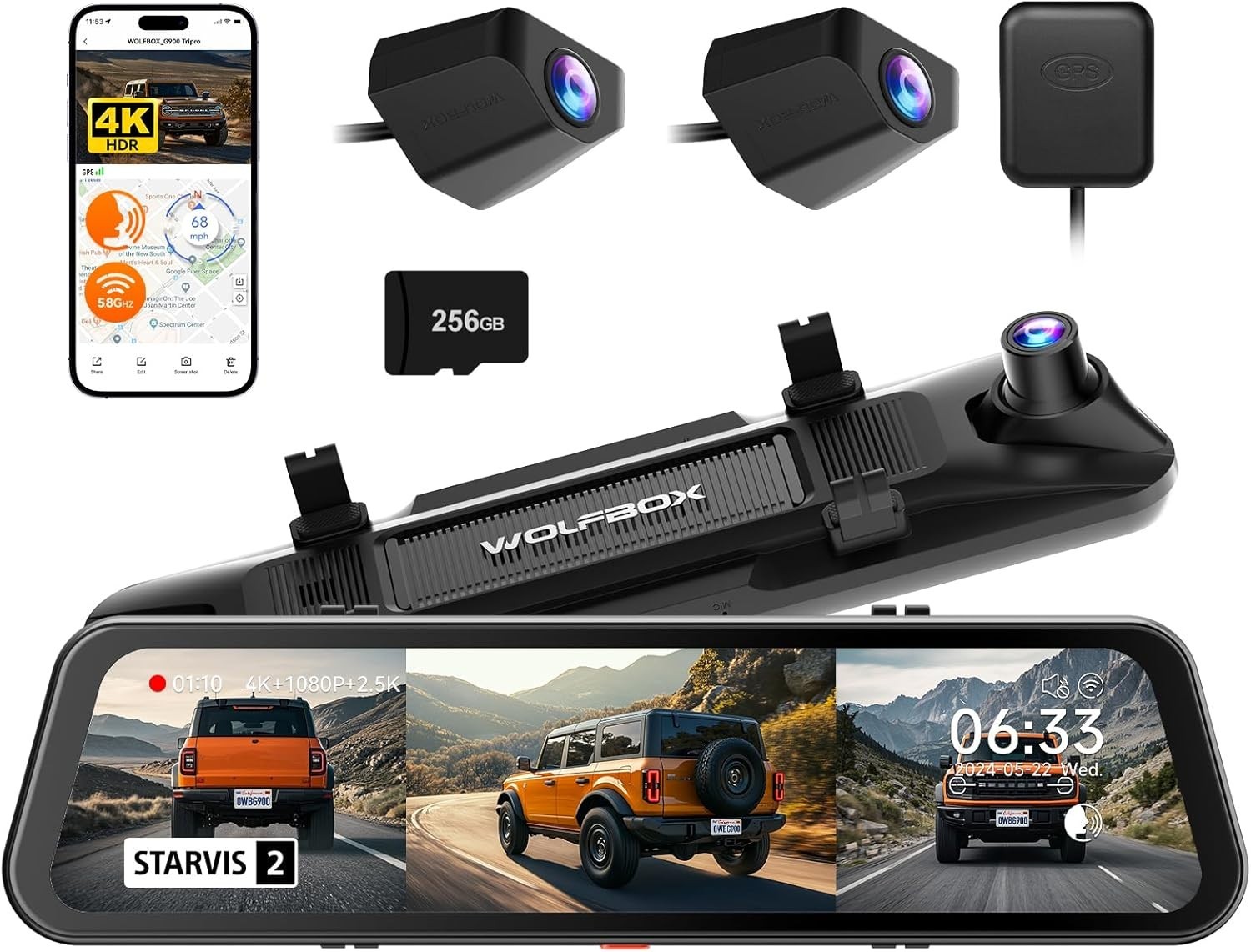 WOLFBOX G900 Tripro 3 Channel 4K Dash Cam Bumper STARVIS 2  WiFi Voice Control