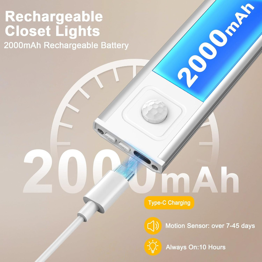 9.8" Under Cabinet Lighting, 2000mAh USB-C Rechargeable, Motion Sensor Under ...