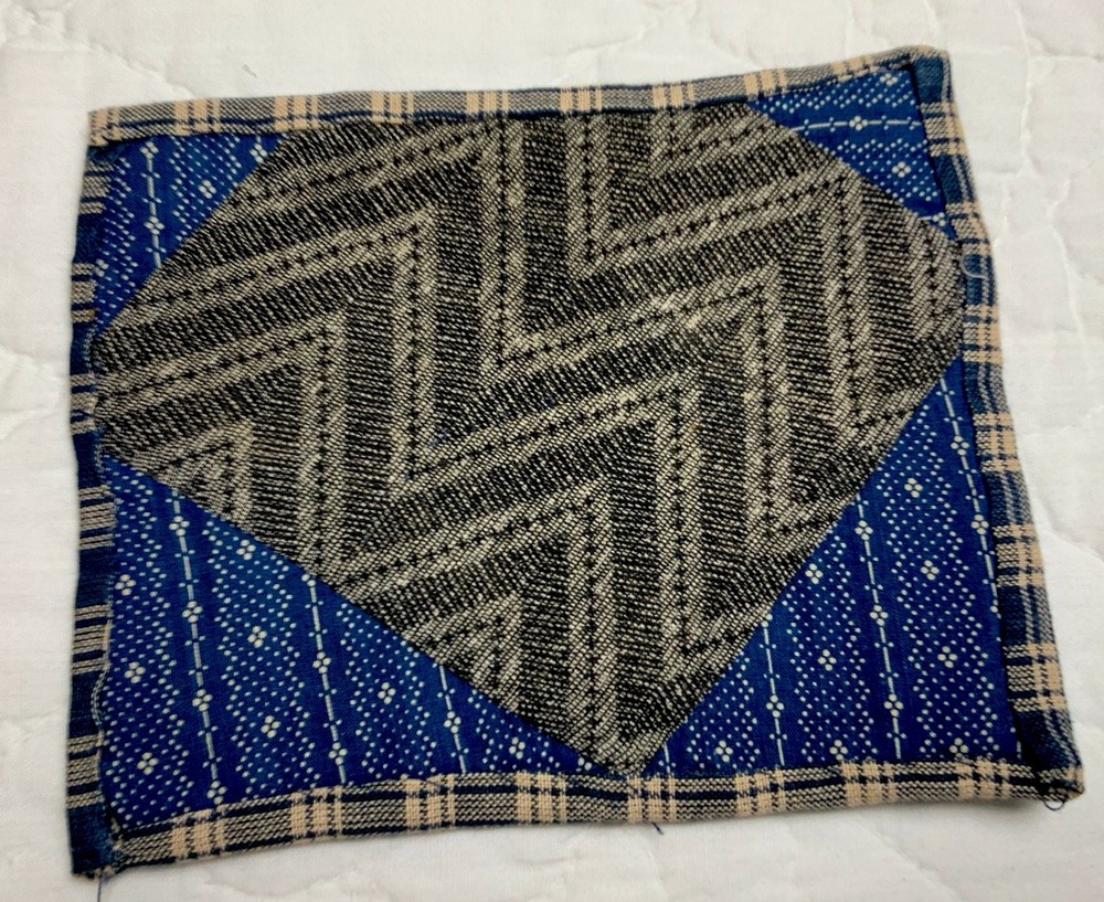 Antique Patchwork Quilt Table Topper, Early Calicos, Blue, Black, Triangles