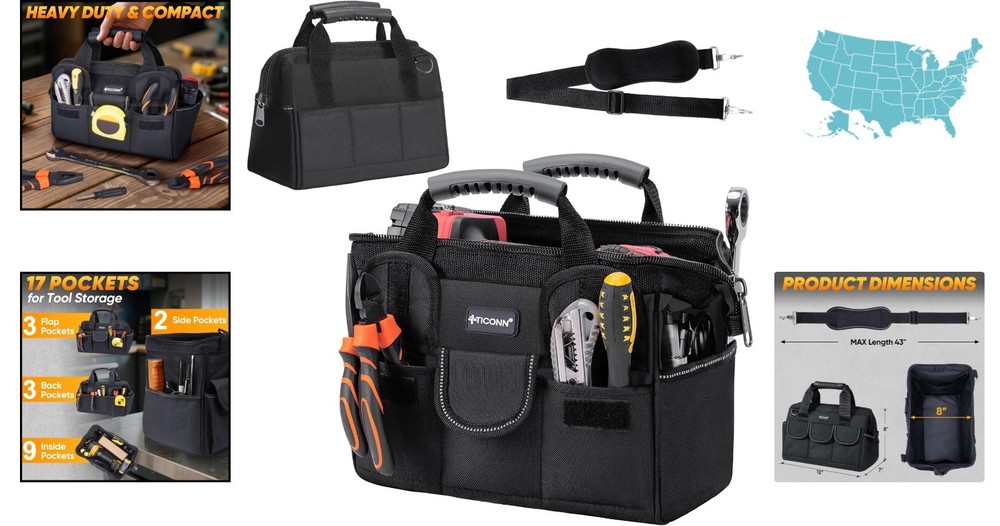 Heavy Duty Waterproof Tool Bag with Multi-Pockets & Ergonomic Design - 12"