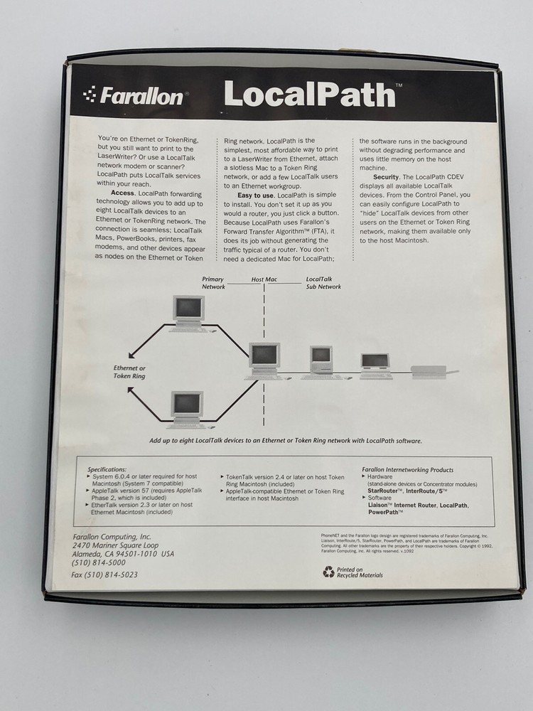 Farallon LocalPath Local Network Apple Macintosh Computers 1992 Vintage Software