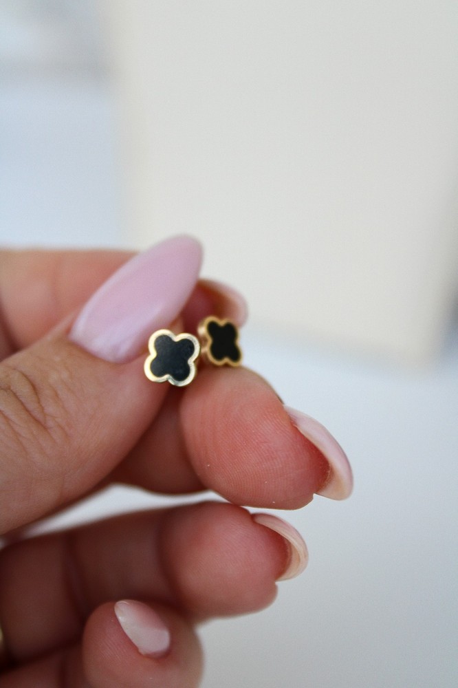 14K SOLID Gold Black Enamel Clover Studs, Push Back Earrings Enamel Studs 4 Leaf