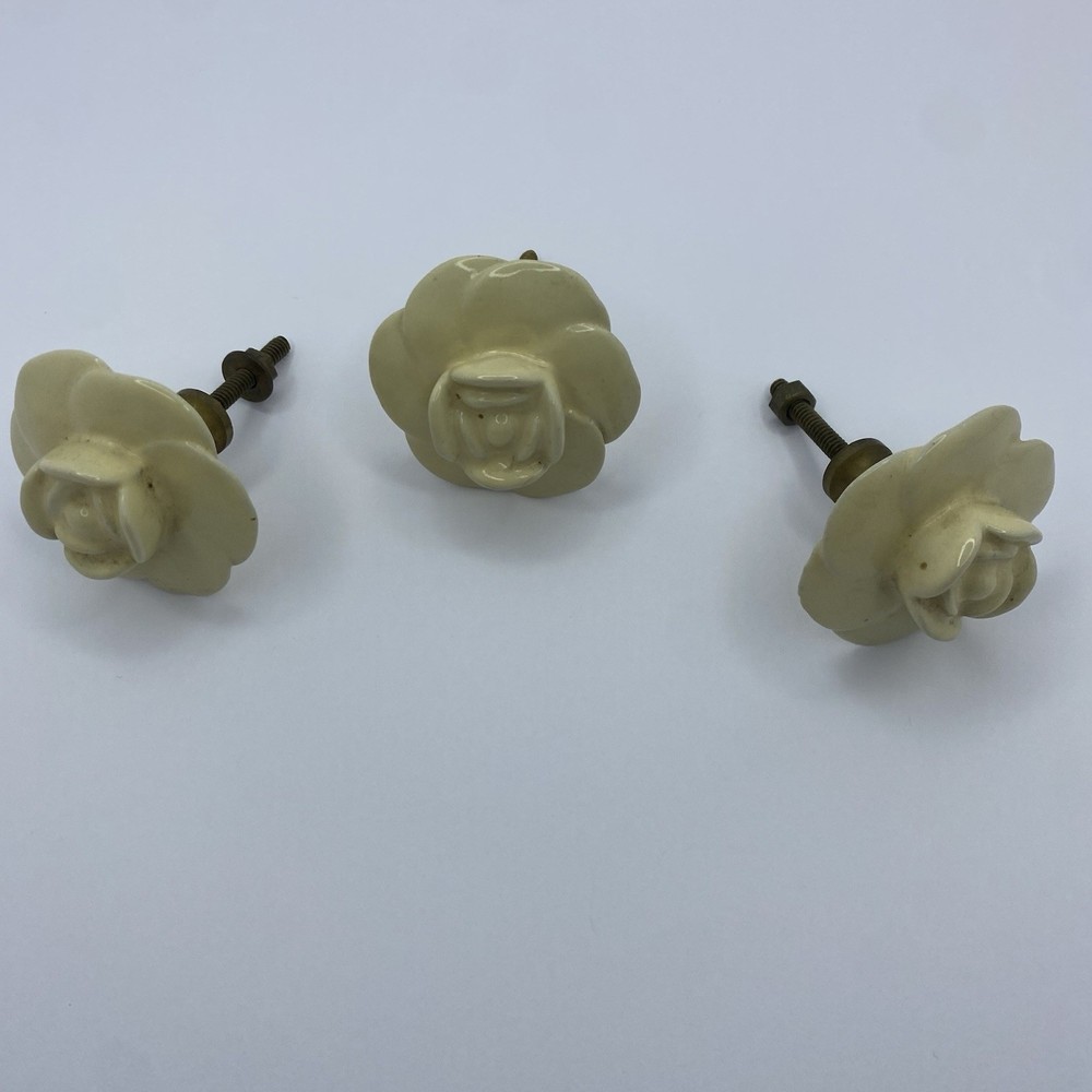 3 Rose Shaped Flower Drawer Pulls Knobs Ivory White Ceramic Porcelain