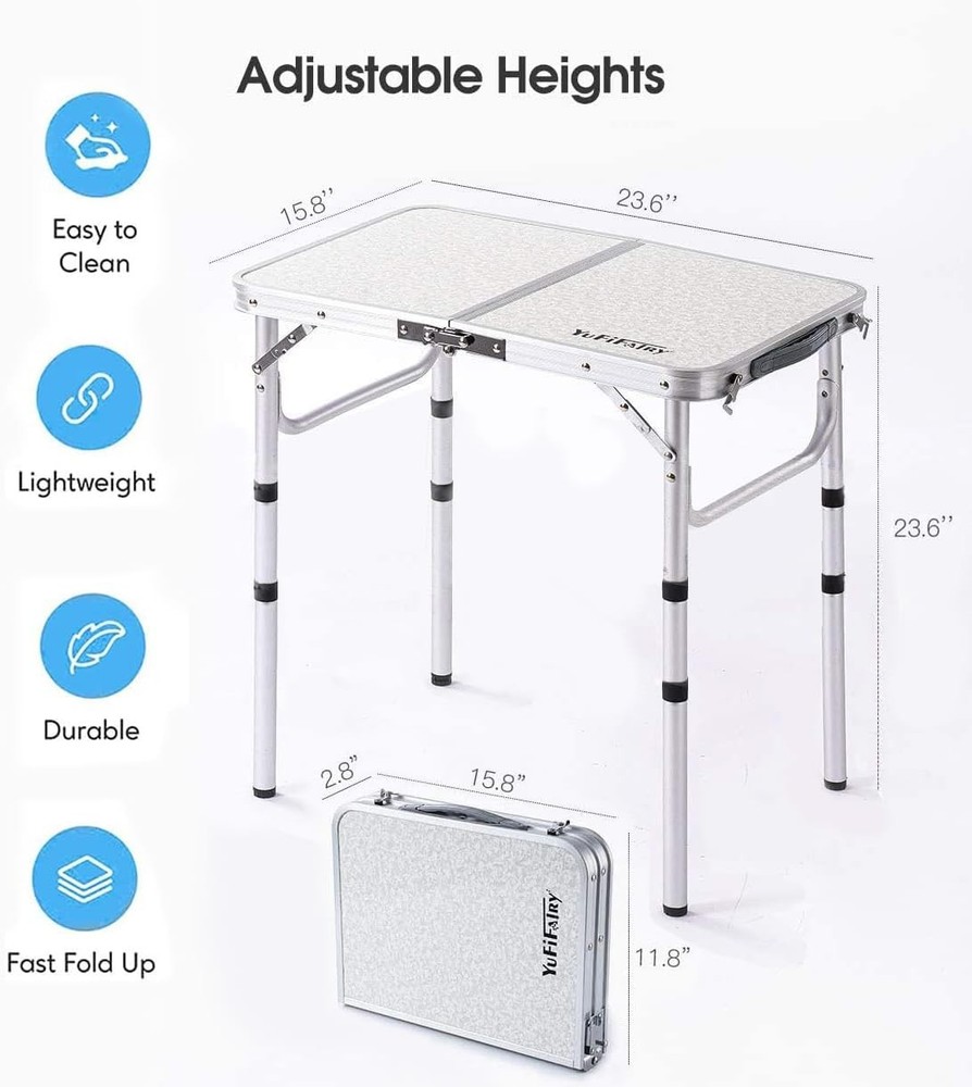 Small Folding Table Portable 24''Lx16''W Camping Table W/ Adjustable Height