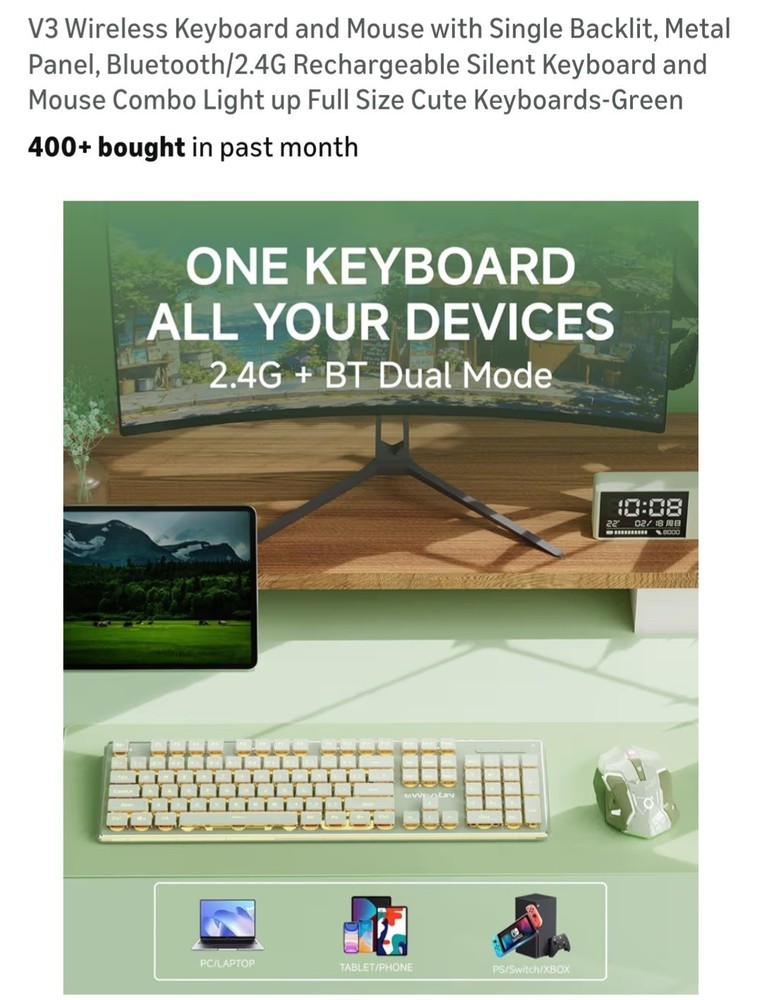 V3 Wireless Keyboard and Mouse with Single Backlit, Metal Panel, Bluetooth Green