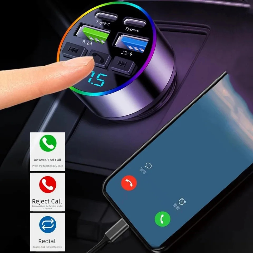 Bluetooth 5.0 FM transmitter Car Phone Charger MP3 music, USB cigarette lighter