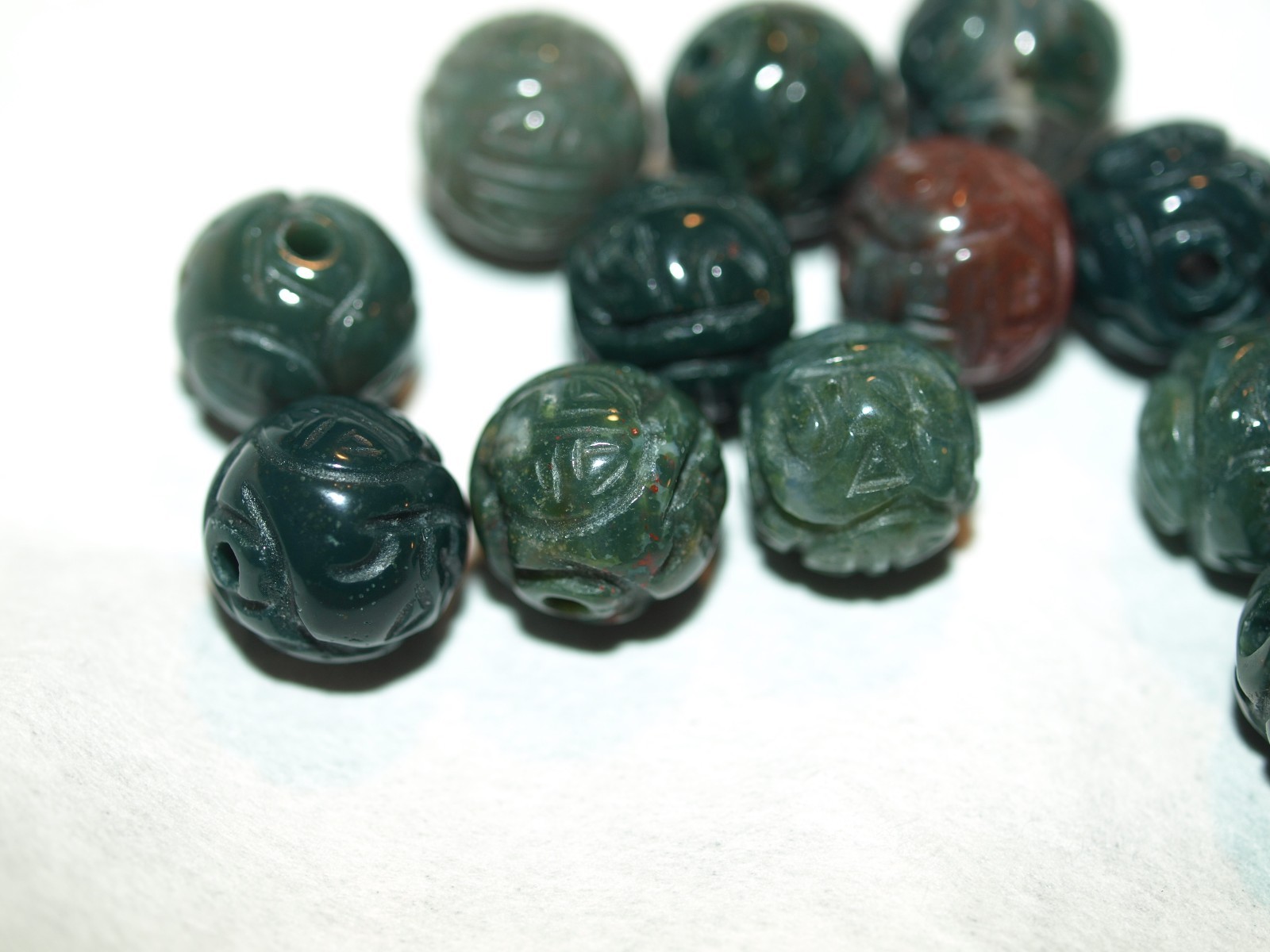 One Vintage Carved Chinese Bead Green Bloodstone Stone Round w/ Shou Design 10mm