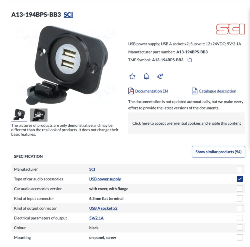 Dual USB A Socket SCI Brand A13-194BPS-BB3 Input 12-24VDC Output 5V/2.1A