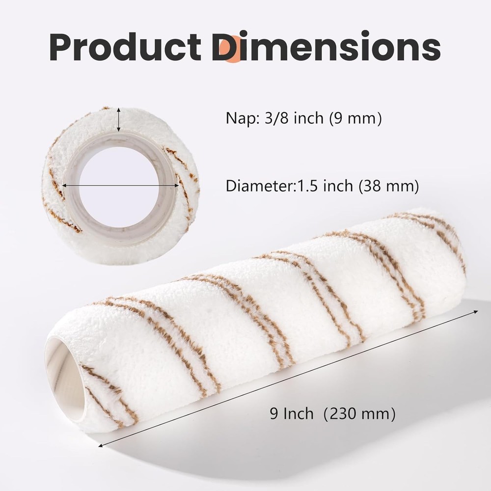 9 Inch Paint Roller Covers, 3 Pack for Small Projects & Touch Ups, 3/8 Inch Nap