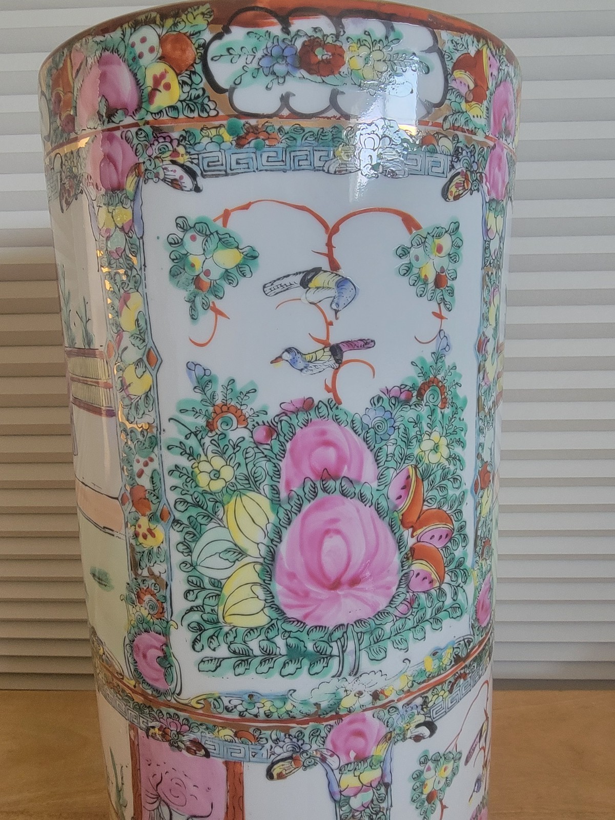 Vintage Porcelain Asian Umbrella Stand Pot Hand Painted 18 3/8" x 8 1/8"