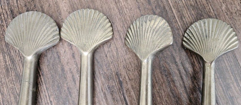 Vintage Solid Brass Fireplace Tool 5-Pc Set Scallop Shell Finial, Nautical, MCM