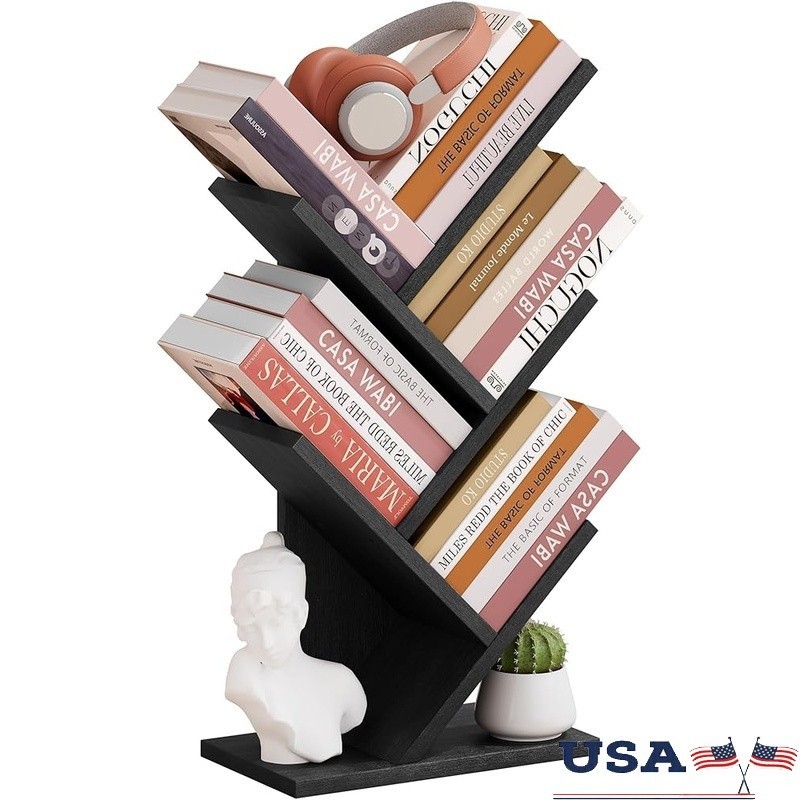 Multifunctional 4 Tier Rustic Tree Bookcase Space Saving Organizer Home Office