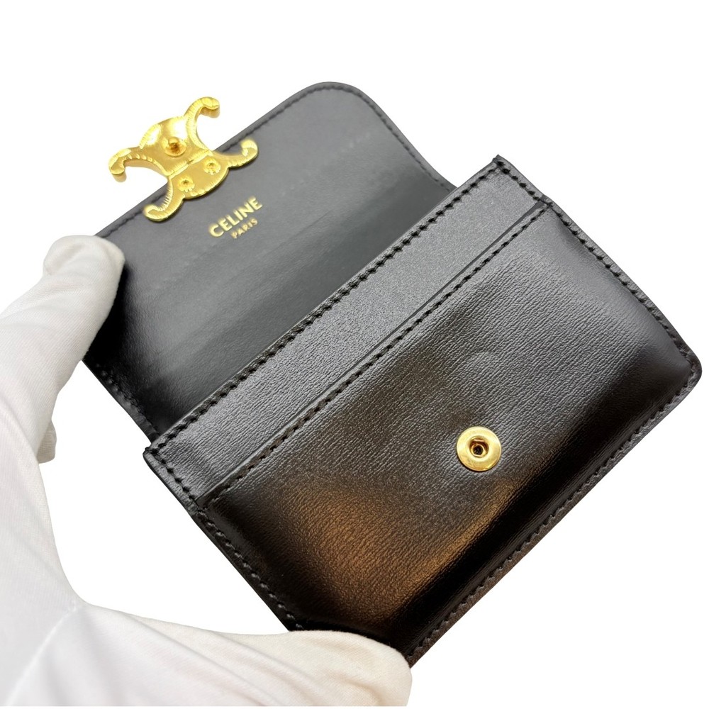 Authentic CELINE Triomphe Card Holder Black Leather #36638173