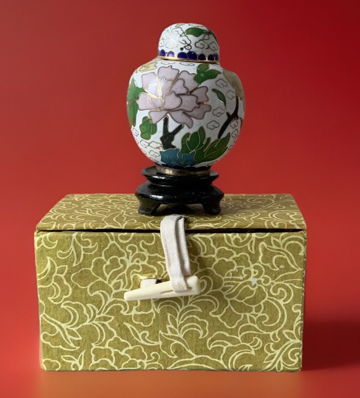 Miniature Chinese Cloisonné Lidded Ginger Jar With Stand and Original Box VTG