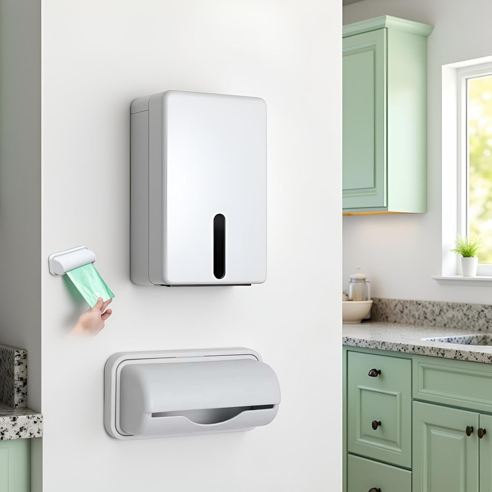 Gray wall-mounted garbage bag dispenser, small kitchen storage accessory