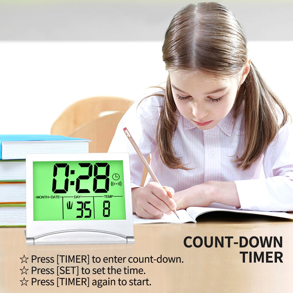 Betus Digital Travel Timer LCD Clock with Backlight - Compact LCD Desk Clock