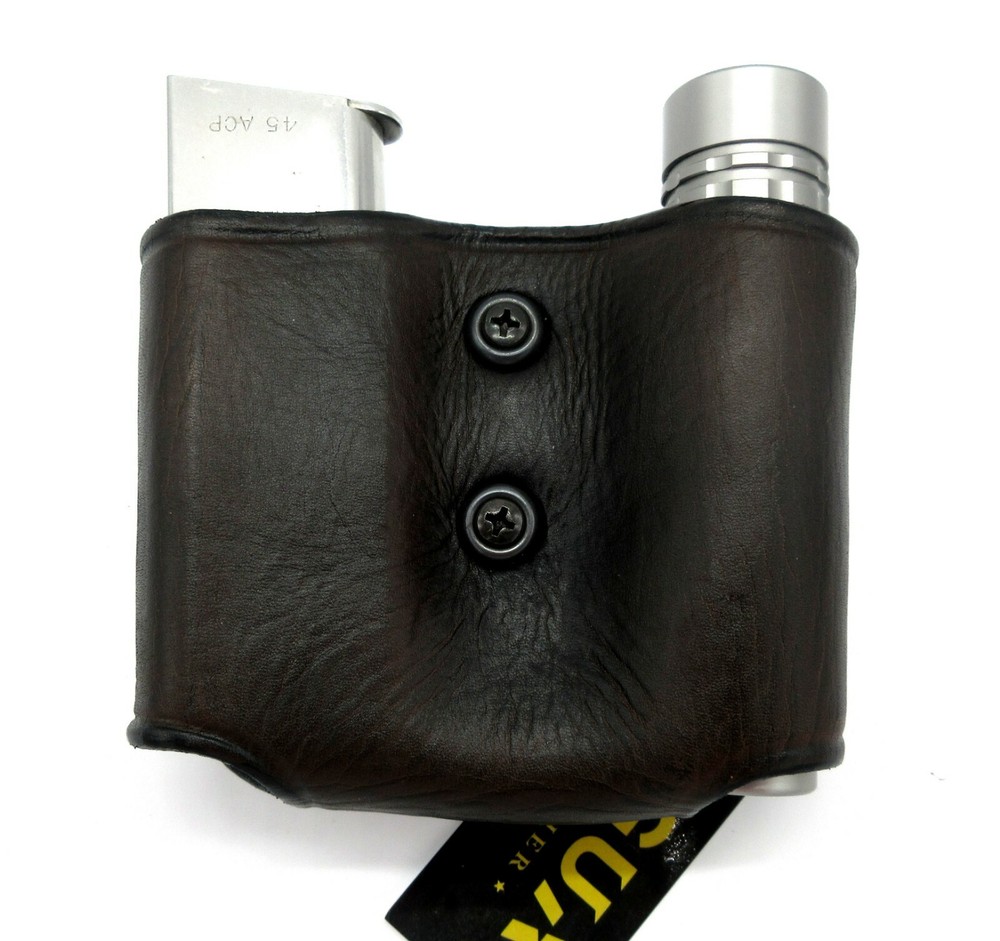 Dark Brown Leather Magazine & Flashlight Carrier for 9mm GLOCK DOUBLE STACK