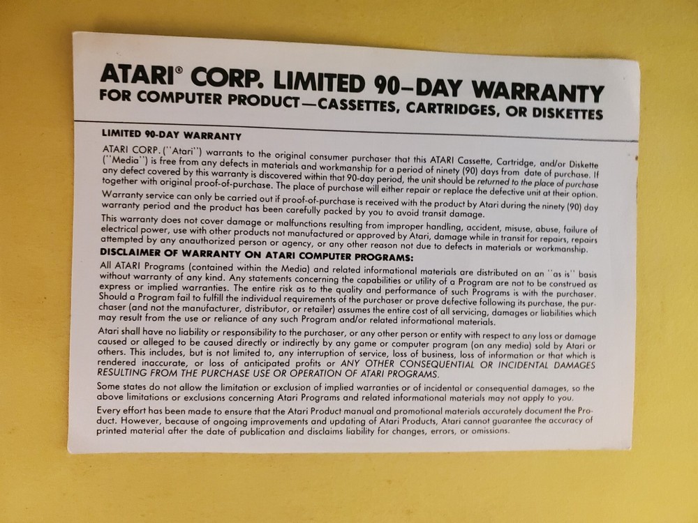 atari 90 day warranty insert