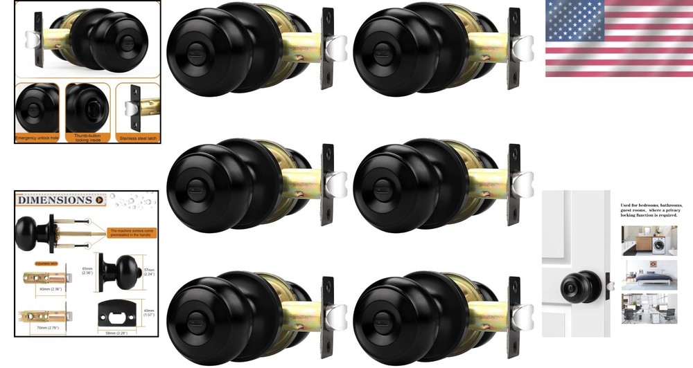 Black Bedroom Bathroom Door Knobs, Round Ball Style, 6 Pack