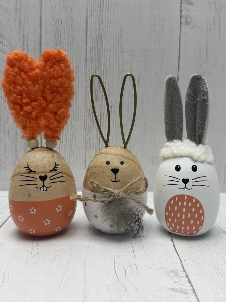 Wood Easter Bunny Egg Figurines Set Spring Table Shelf Decor
