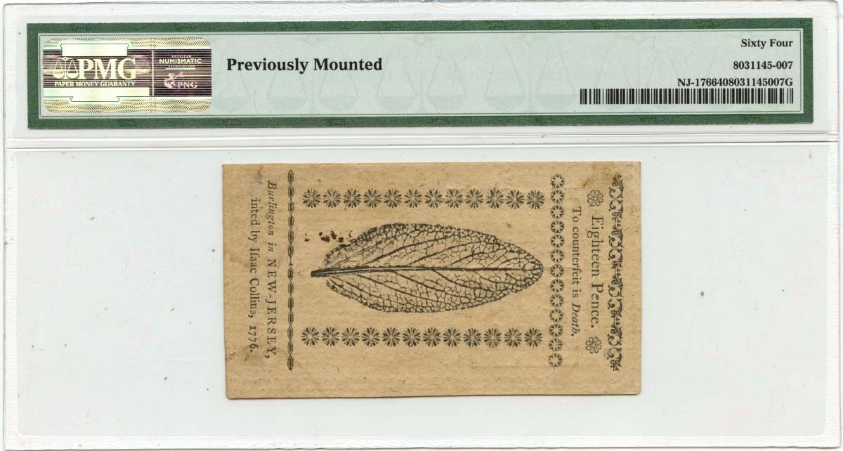 1776 March 25, 18 Pence New Jersey Colonial Note FR#NJ-176 PMG CU64