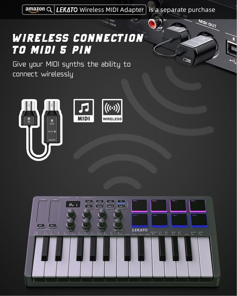 LEKATO 25 Key USB MIDI Keyboard Controller Bluetooth Rechargeable 8 Drum Pads