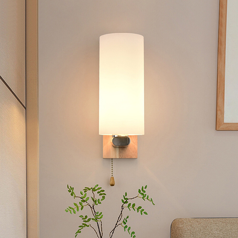 Modern White Wall Light Sconce Glass Shade Bedside Hallway Lamp With Pull Switch