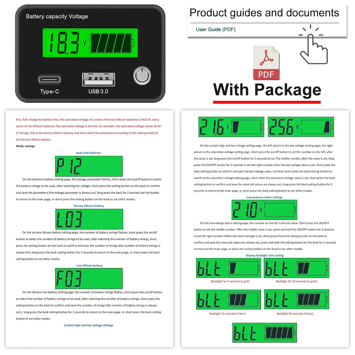 12v 24v 36v 48v 72v Battery Monitor,Car Golf cart Battery Indicator Meter
